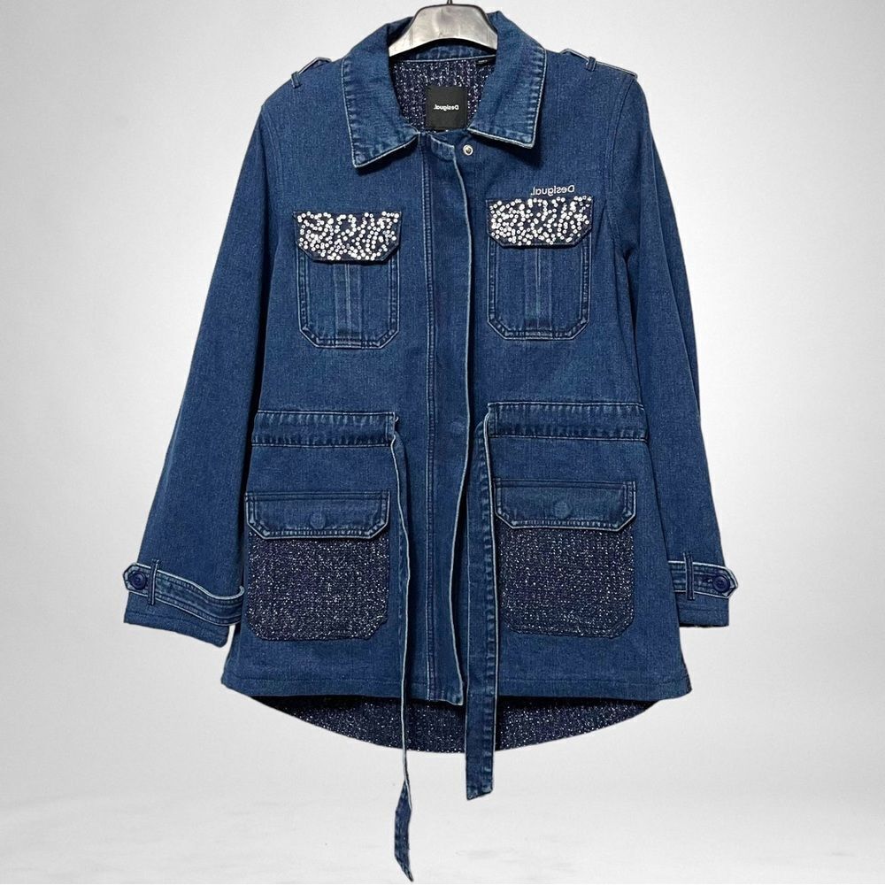 NWT DESIGUAL Mizuki Denim Sequin Belted Parka Jacket XL - Picture 2 of 16